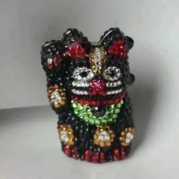 Rhinestones black lucky cat trinket box jewelry box small size good luck kitten - Picture 3 of 15